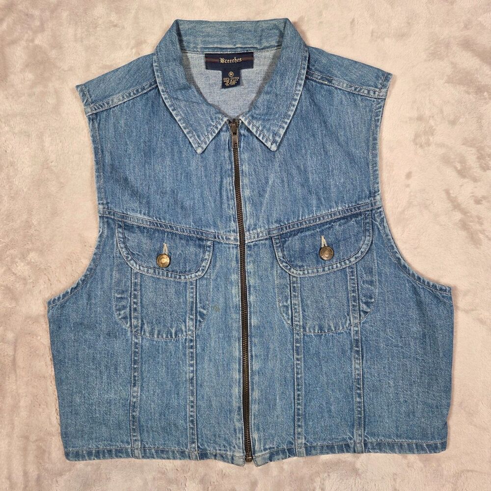 Vintage Breeches Denim Vest Womens M USA Zip Front Utility Pockets Cotton